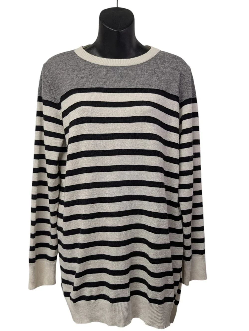 & Women's Colorblock Striped Crewneck Sweater White Black Gray Side Slit Size L